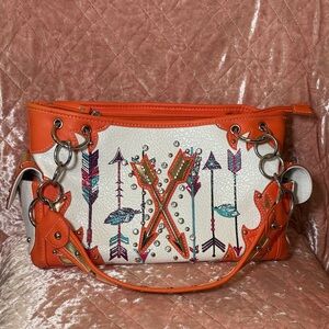 Orange and White Arrow-Print Studded Shoulder Bag
